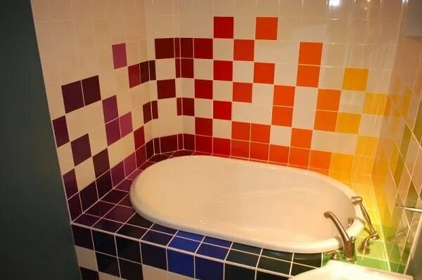 Покраска кафеля в ванной фото Окраска кафельной плитки в шахматном порядке Diy bathroom decor, Rainbow tile, S