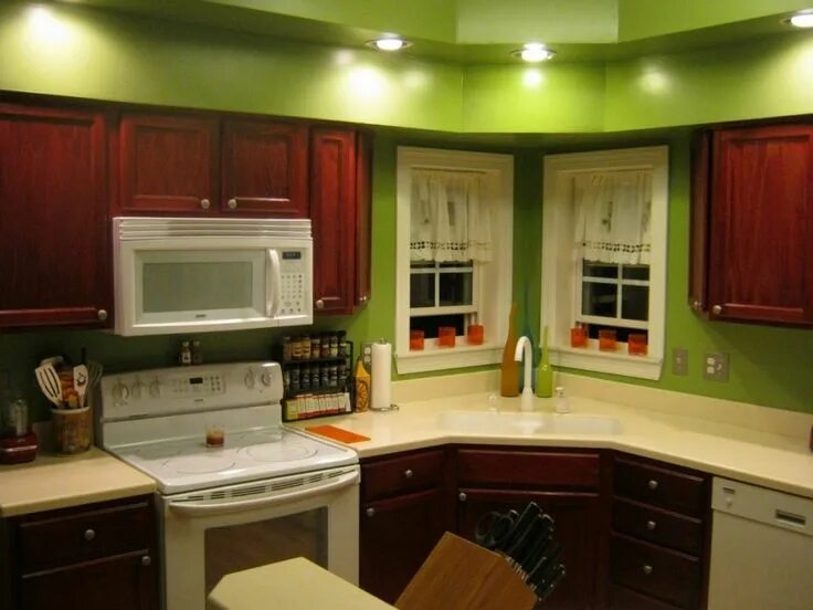 Покраска кухни в два цвета дизайн фото Kitchen Wall Colors with Cherry Cabinets Зеленые стены кухни, Цвета кухонных сте