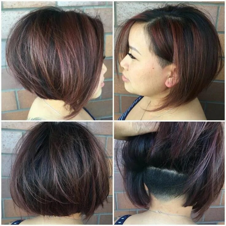 Покраска прически каре Chic Undercut Stacked Bob on Dark Hair with Burgundy Highlights - The Latest Hai