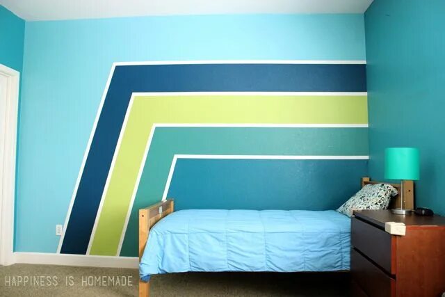 Покраска стен доме фото Boys Bedroom: Graphic Racing Stripes Painted Accent Wall - Happiness is Homemade