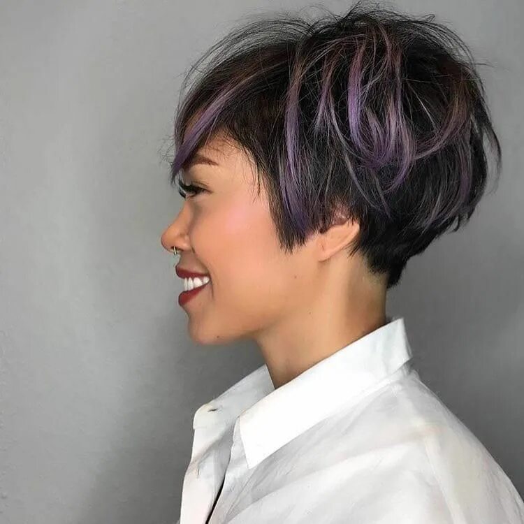 Покраска волос короткая стрижка All sizes Messy Graduated Pixie on Black Hair with Purple Highlighted Fringe Fli