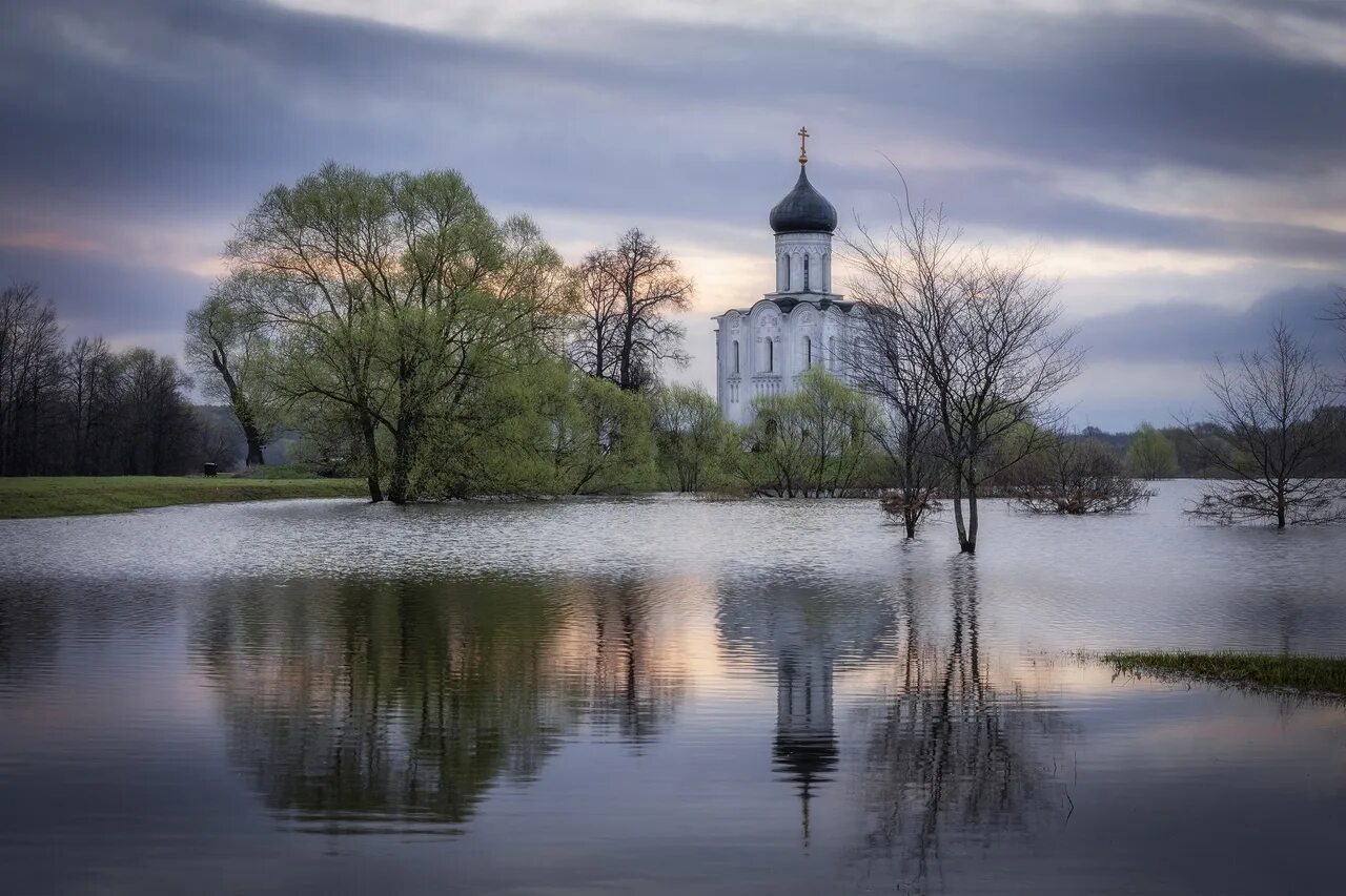 Покрова на нерли старые фото Вид на храм Покрова на Нерли весной во время разлива, Владимирская область Фотог