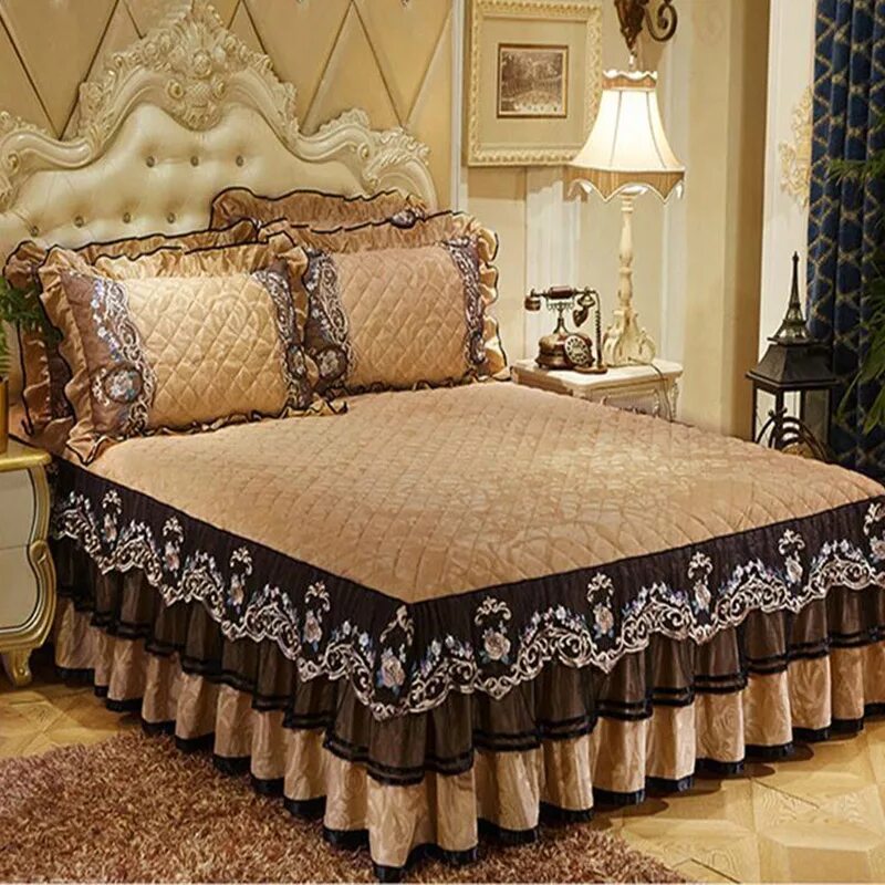 Покрывало на кровать фото новинки free shipping crystal velvet lace skirted bed cover 3pcs quality thick cotton be