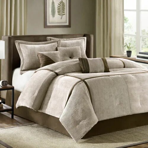 Покрывало в современном интерьере BEAUTIFUL ULTRA SOFT MODERN BEIGE BROWN TAN CORDUROY TAUPE STRIPE COMFORTER SET 