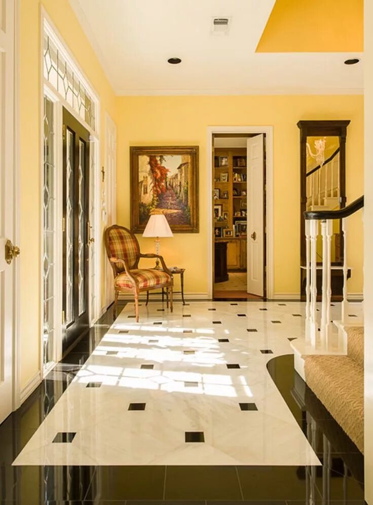 Пол кухни и коридора фото Decoration: Yellow Wall Color With Elegant Marble Tile Flooring Designs For Trad