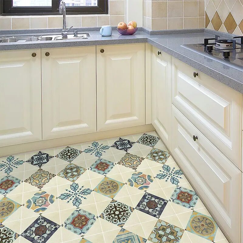 Пол на кухне дизайн 2024 European-style Retro Kitchen Floor Tile Renovation Sticker Self-adhesive Waterpr