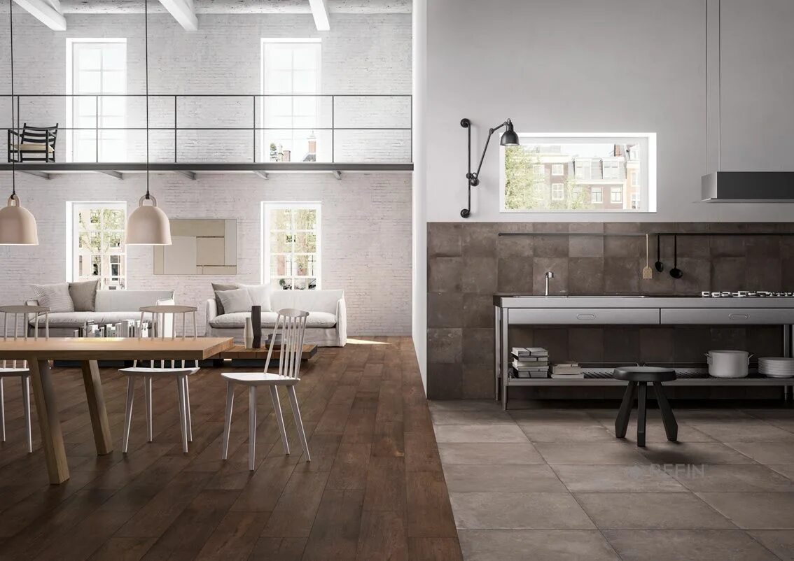 Пол в стиле лофт плитка Epoque Bois Brown 22,5x90, Beton Grey 60x60/ 30x30 - Ceramiche Refin Spa porcela