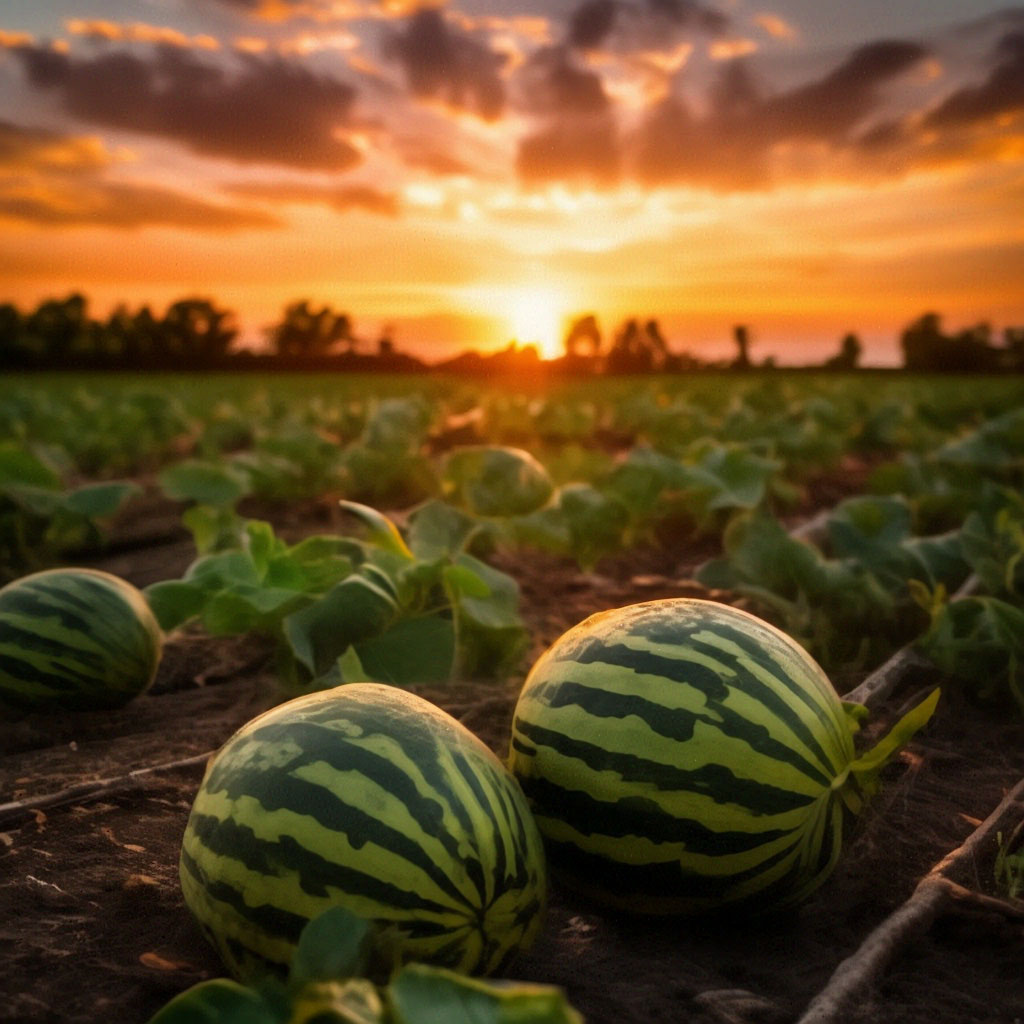 Поле арбузов фото "Melon field watermelon rays at sunset." - image created in Shedevrum