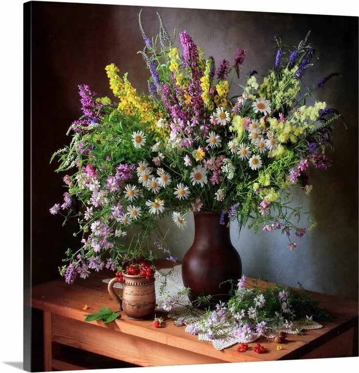 Полевые цветы в интерьере Still Life With Wildflowers and Berries Floral wall art, Still life, Floral wall