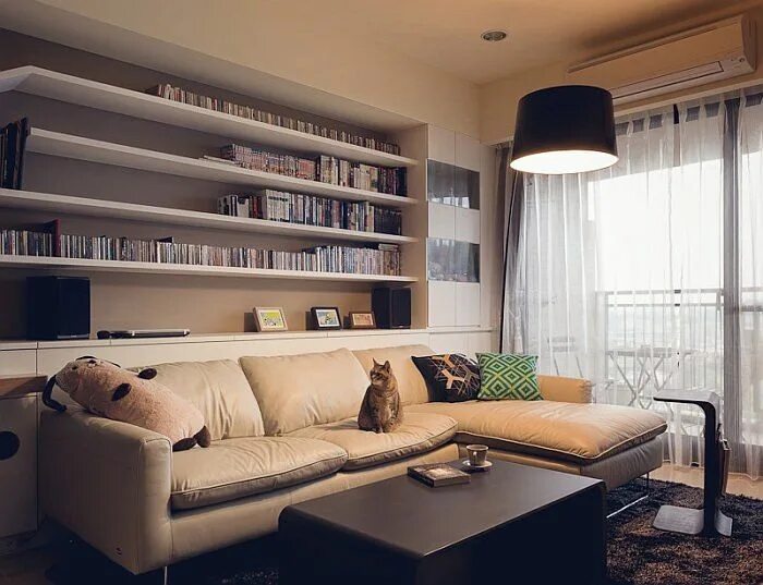 Полка над диваном в гостиной в интерьере Uma casa perfeita para gatos Apartment living room, Small apartment living room,