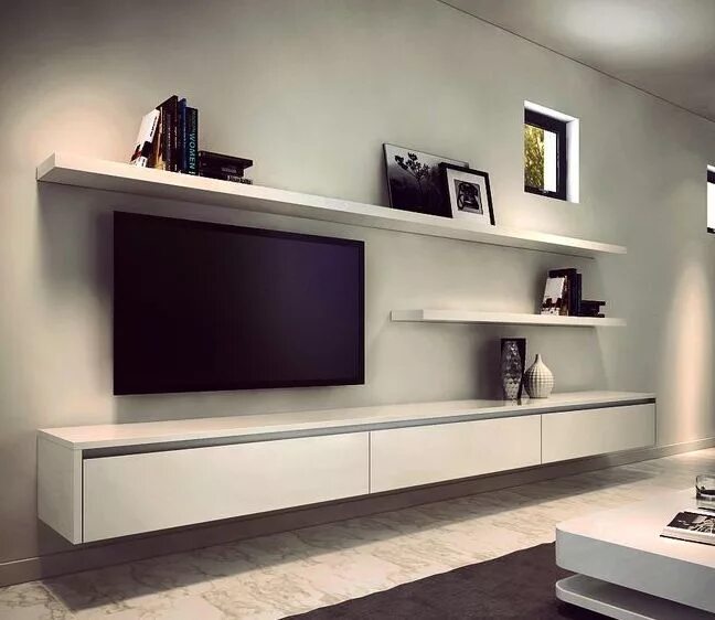 Полка под подвесным телевизором фото clean entertainment wall shelving Oturma odası fikirleri, Ev dekoru, Küçük alanl