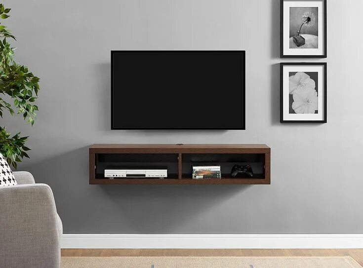 Полка под подвесным телевизором фото 48" Shallow Wall Mounted TV Component Shelf Living room tv, Wall mount tv stand,