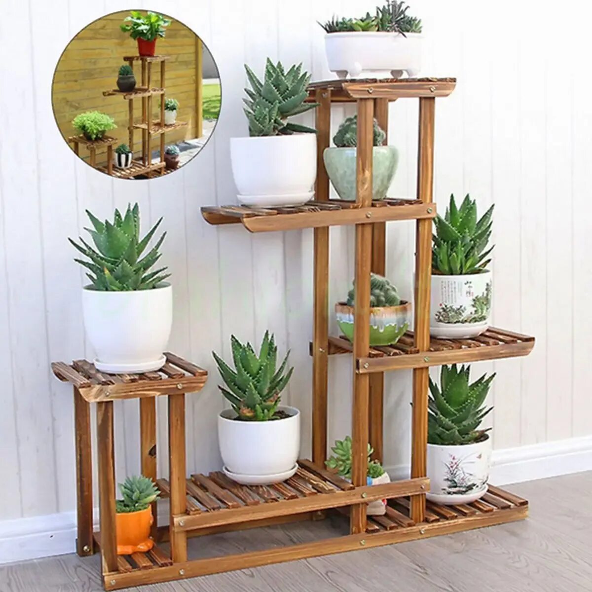 Полка под цветы напольная деревянная фото 5 Tier Indoor Outdoor Wooden Plant Flower Shelf Stand Garden FlowerPlanter Rack 