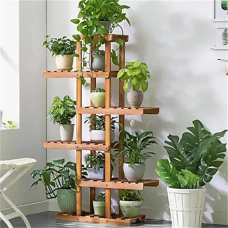 Полка под цветы напольная деревянная фото Reinforced 52" Tall 6 Tier Wood Plant Stand Corner Shelf Flower Rack Garden Home