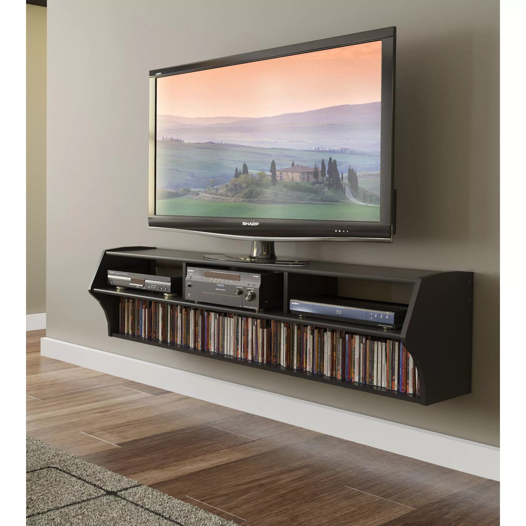 Полка под телевизор на стену фото Prepac Altus Plus 58" Floating TV Stand - 58.25" W x 16.75" H x 16.00" D - Overs