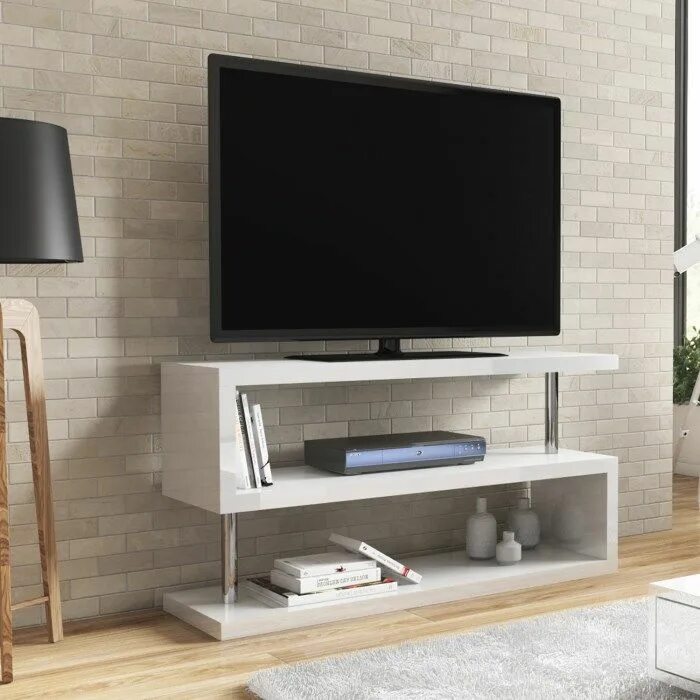 Полка под телевизор напольная фото Artemis White High Gloss Geometric TV Stand - TV's up to 50" - Furniture123 Whit