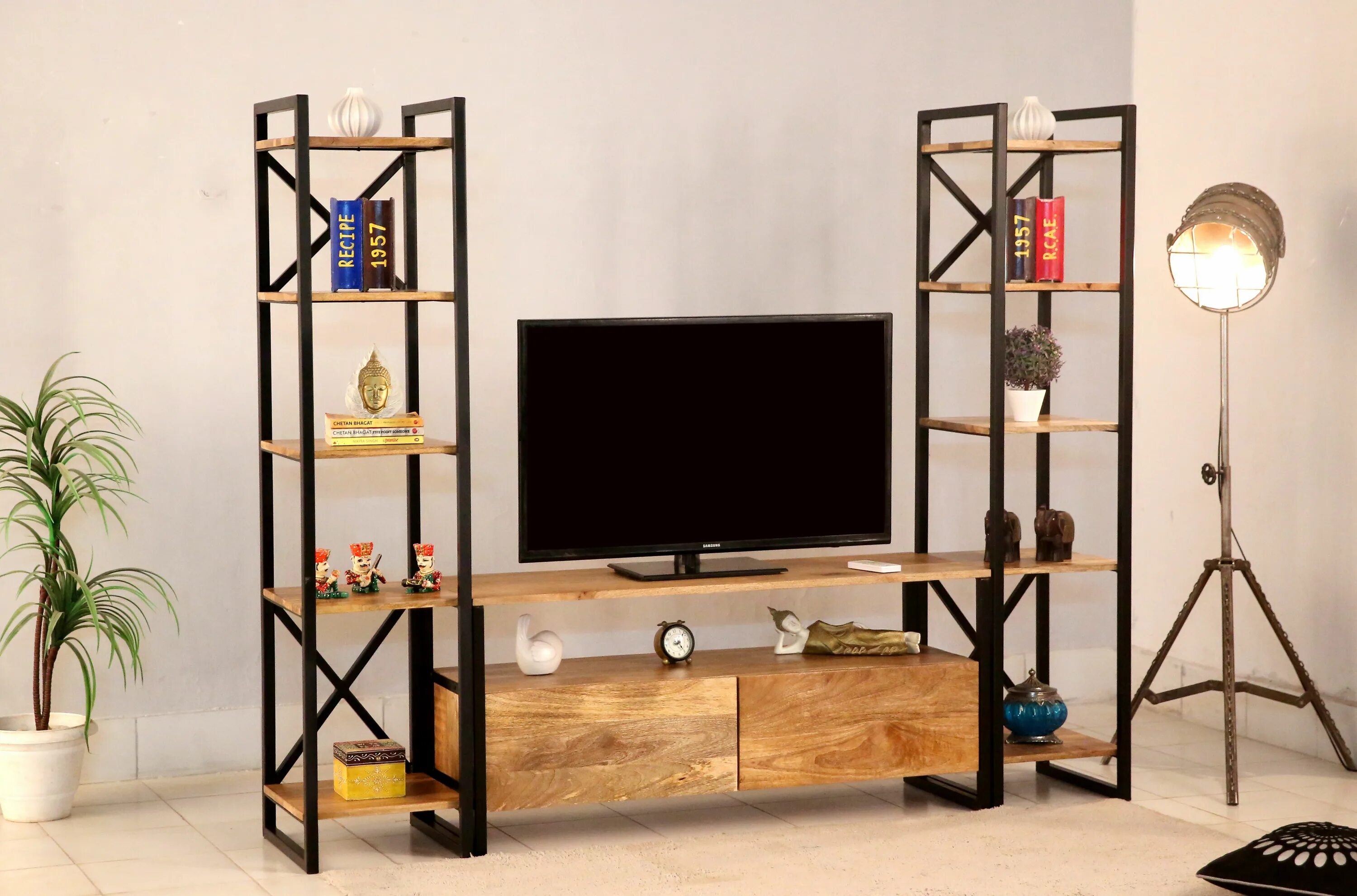 Полка под телевизор в стиле лофт Buy Stark Loft Tv Unit With Side Towers (Natural Finish) Online in India Living 