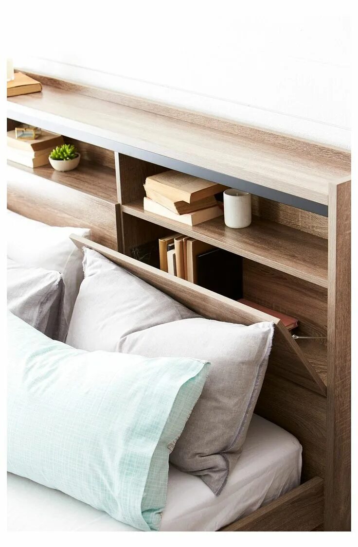 Полка в изголовье кровати фото Armidale Bookend Bed Frame W/Bedhead Storage & Drawer Base Grey Oak - Forty Wink