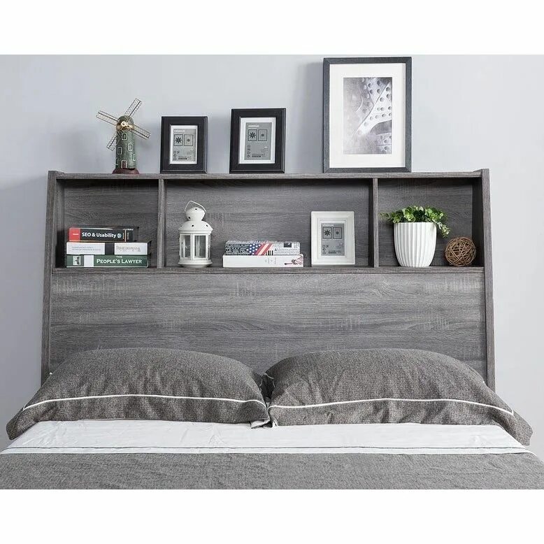 Полка в изголовье кровати фото Sage Distressed Grey Bookcase Headboard (Full), Gray Headboard with shelves, Boo