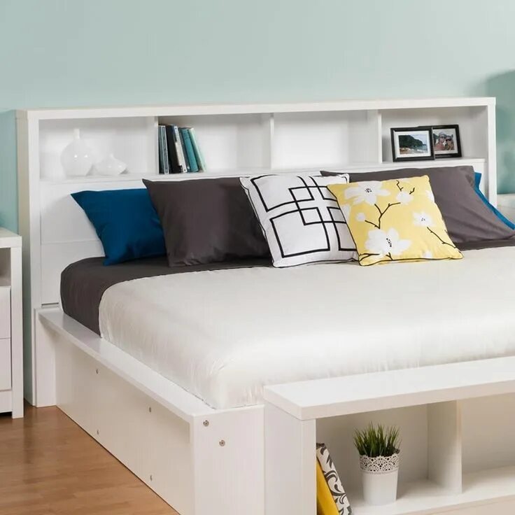 Полка в изголовье кровати фото King Bookcase Headboard with Storage Shelves in White Tête de lit avec rangement