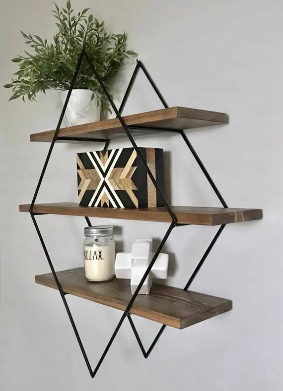 Полка в стиле лофт дерево Custom Diamond Shelf Geometric Floating Shelf Handmade Wood & Metal Wall Decor #