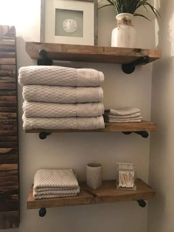 Полка в ванную в стиле лофт Floating Shelf, 8" Deep Industrial Shelf, Wood and Pipe Shelf, Rustic Bathroom o