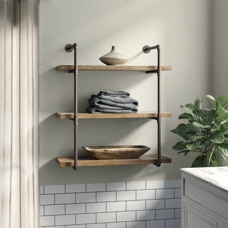 Полка в ванную в стиле лофт Budget-Wise Danya B Two-Tier Ledge Shelf Wall Organizer with Five Hanging Hooks 