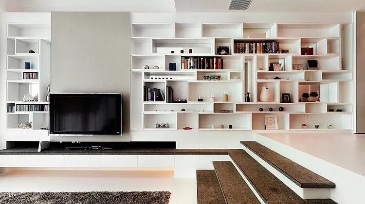 Полки дизайн интерьер The Vineyard House by S.I.D.Ltd. HomeAdore Bookshelves in living room, Sunken li