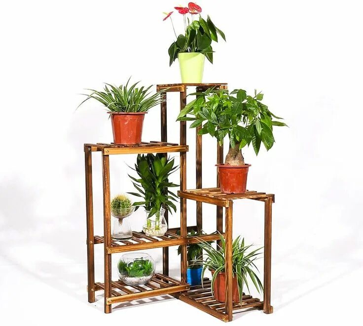 Полки для цветов напольные деревянные фото unho Corner Plant Stand Indoor, Wood Plant Holder Tiered Planter Outdoor Plant P