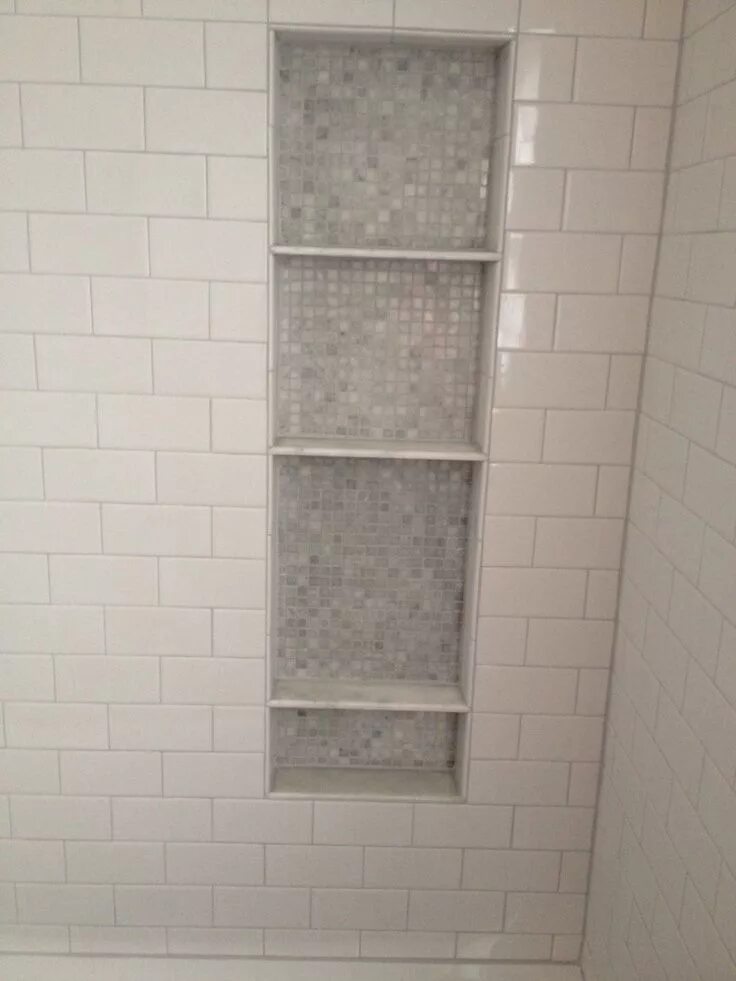 Полки из плитки фото White subway tile in shower with shelf cut-out with smaller penny tile ... Subwa