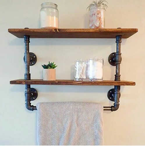 Полки из труб своими руками фото Industrial Pipe Bathroom Towel Rail With Double Rustic Oak Shelf eBay