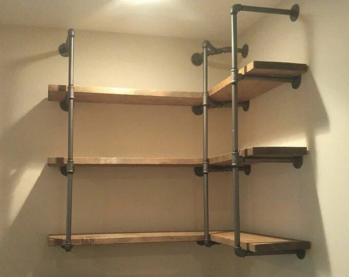 Полки из труб своими руками фото Pipe Wall Shelf with Wood Shelves Custom Pipe Shelving Made To Order Corner Shel