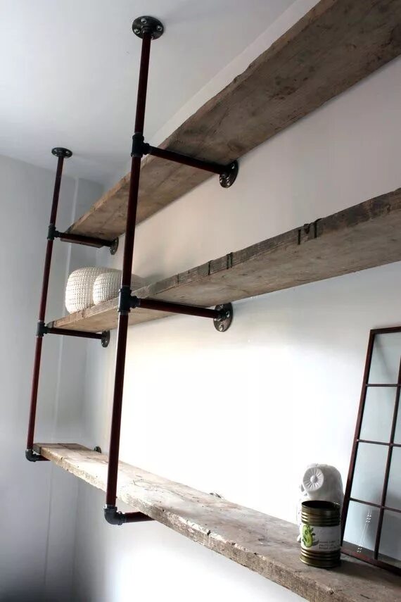 Полки из трубы в лофт стиле Rachael Bespoke Reclaimed Scaffolding Boards and Steel Pipe Ceiling Hung and Wal