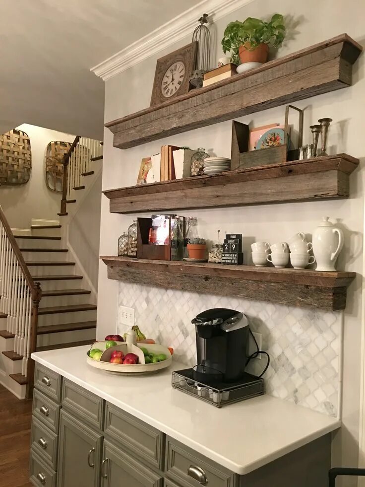 Полки на кухню дизайн интерьера Floating Barnwood shelves - coffee bar area.. A great solution to a tradition ca