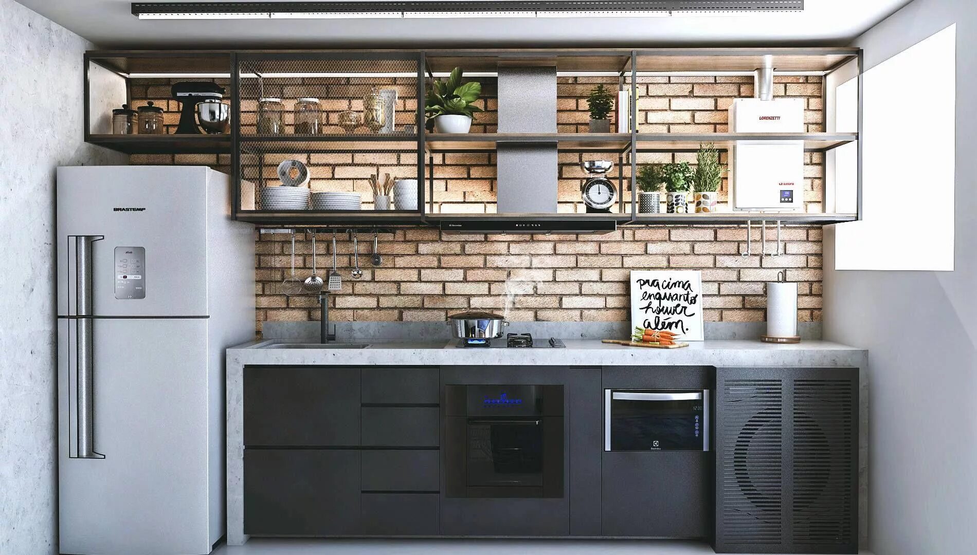 Полки на кухню в стиле лофт #CozinhaPequena Industrial kitchen design, Home kitchens, Loft kitchen