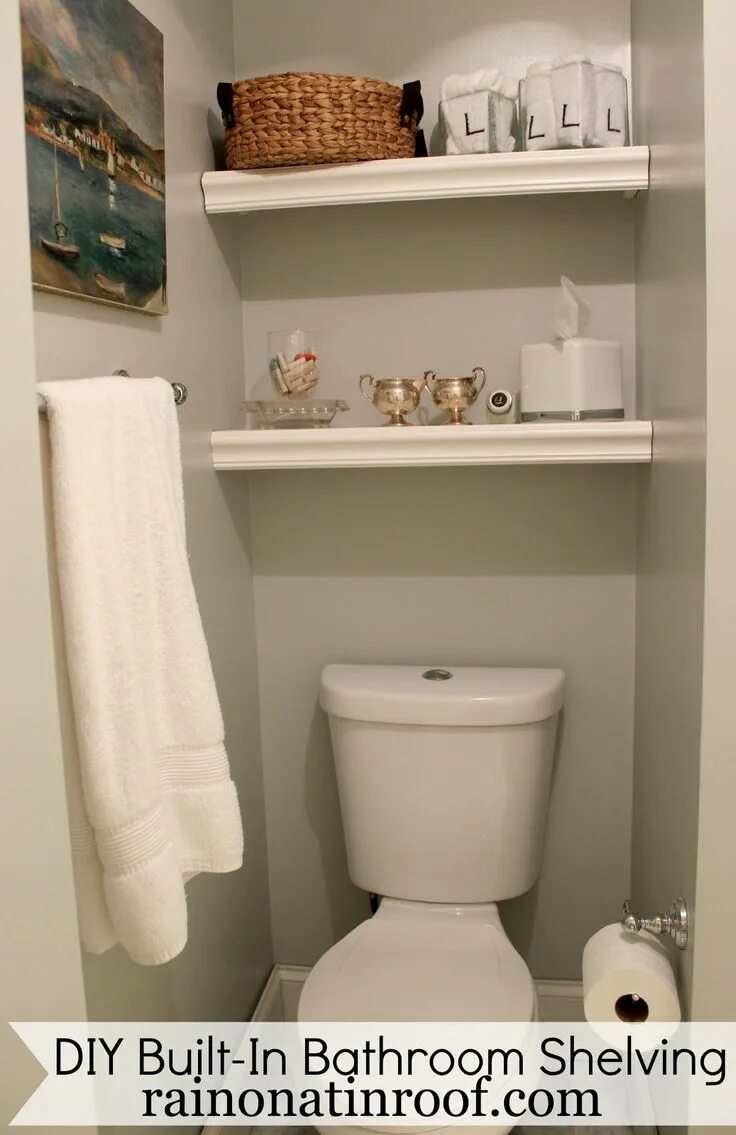 Полки над унитазом в туалете фото Built-In Bathroom Shelving (DIY for $25 or Less) Bathroom shelf decor, Gray bath