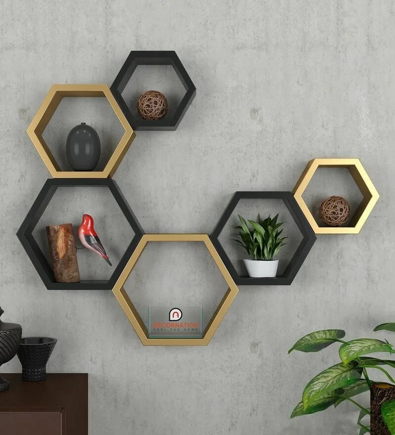 Полки соты на стену в интерьере Buy Set of 6 Engineered Wood Hexagon Shape Wall Shelf in Multicolour Colour by D