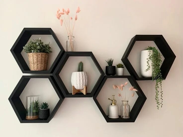 Полки соты в интерьере кухни фото "Honeycomb Shelves 4.5\" Deep; 13\" x 15\" Hexagon Shelf; Black honeycomb shelve