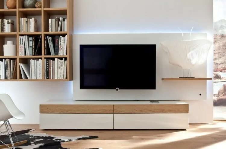 Полки тумбы под телевизор фото современные Ensemble mural tv à LED pour le salon moderne- 50 idées Modern media unit, Wall 