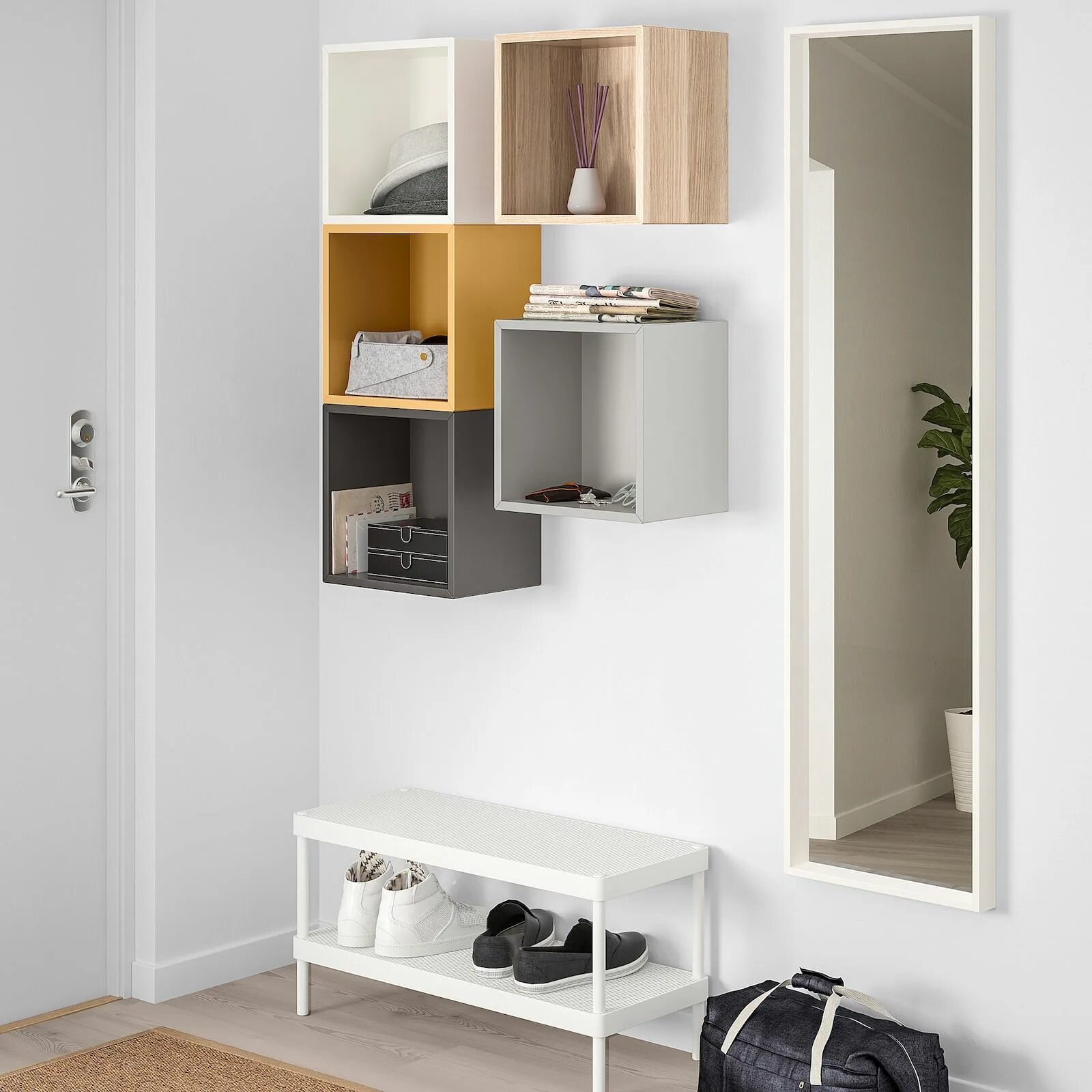 Полки в прихожую настенные в интерьере EKET Wall-mounted storage combination, multicolor 1 27 1/2x9 7/8x68 7/8 " - Shop