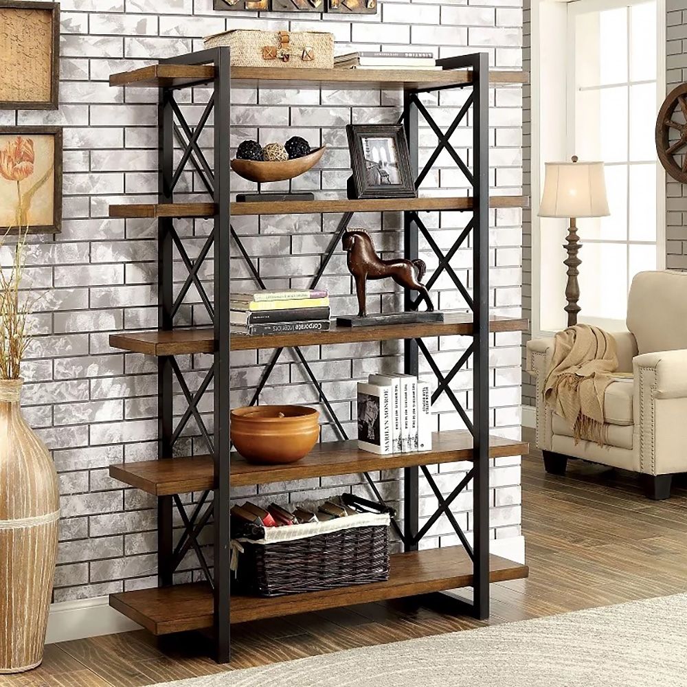 Полки в стиле лофт фото Rustic Brushed Black Metal 5 Shelf Industrial Loft 63" Bookshelf Homary Мебель д