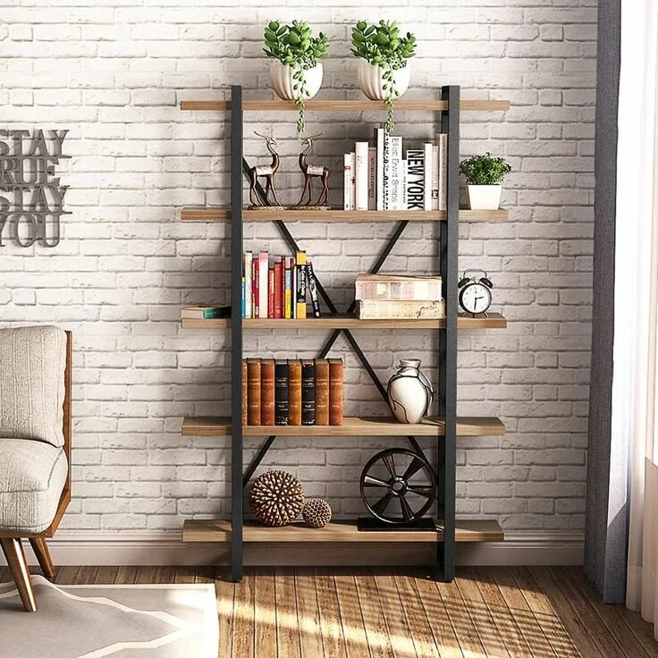 Полки в стиле лофт в интерьере Tribesigns Bookcase, 47.24 Inches Solid Wood 3-Tier Industrial Style Bookcases a