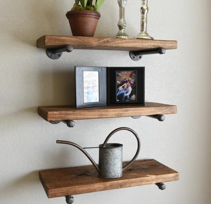 Полку на стену своими руками фото A Farmhouse Floating Wall Shelf With Two Pipe Brackets. Rustic Wood Shelf, Coffe