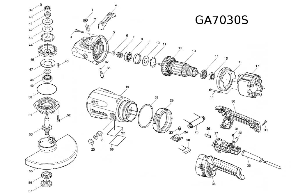 Полная схема сборки болгарки макита ga5030 517828-4 Wirnik szlifierki kątowej Makita GA7030R. GA7030S. GA9030R. GAS9030S - 