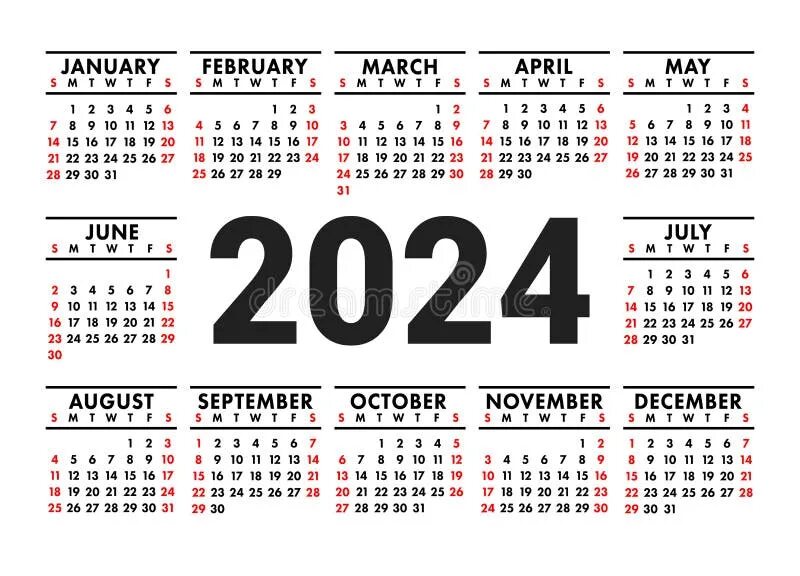 Полный календарь на 2024 год Calendar 2024. English Vector Horizontal Wall or Pocket Calender Template. Black