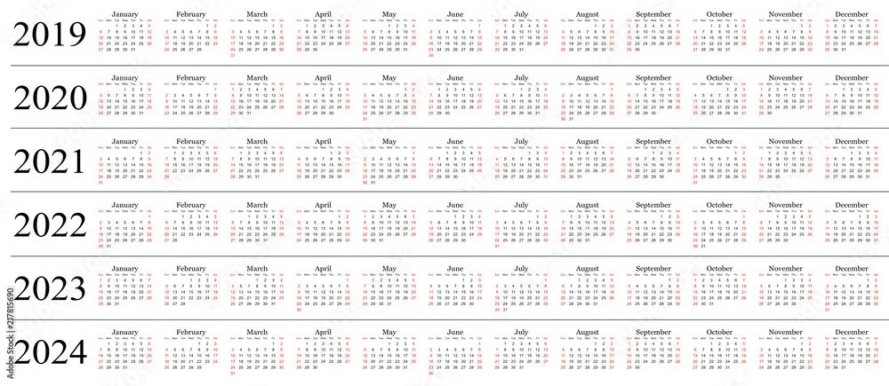 Полный календарь на 2024 год Six year calendar - 2019, 2020, 2021, 2022, 2023 and 2024 in white background. В