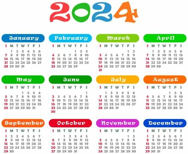 Полный календарь на 2024 год 2024 US Colorful Calendar Transparent PNG Image Coloring calendar, Christmas pho