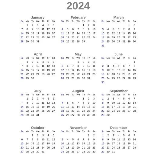 Полный календарь на 2024 год A simple, horizontal calendar grid for 2024. The grid language is English. US fo