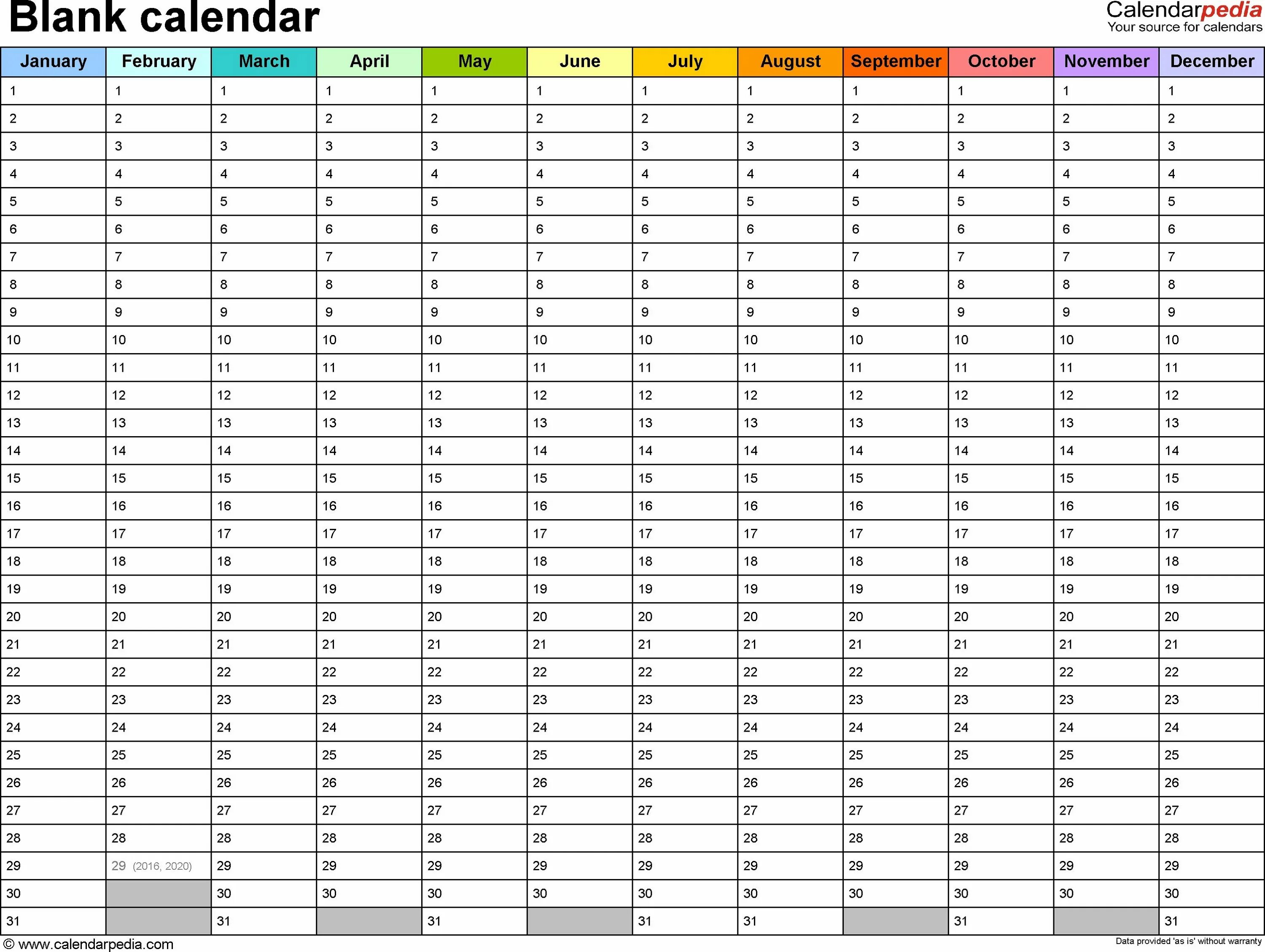 Полный календарь на год Blank Year At A Glance Calendar Template