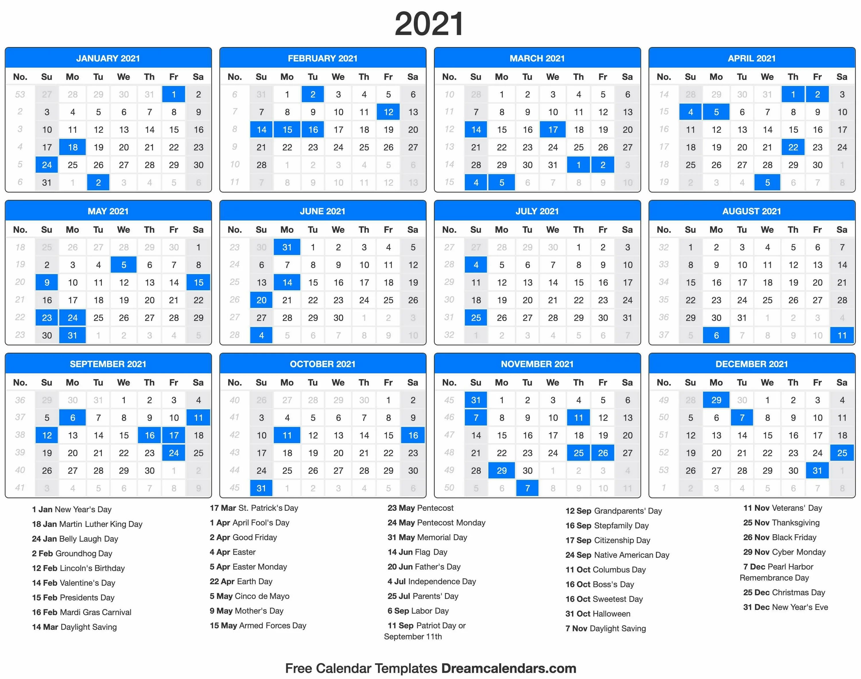 Полный календарь праздников 2021 Calendar with Holidays Printable Calendar Design